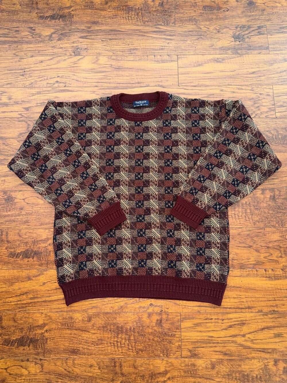 Van Heusen Vintage Geometric Checkered Knit Sweater Size XL